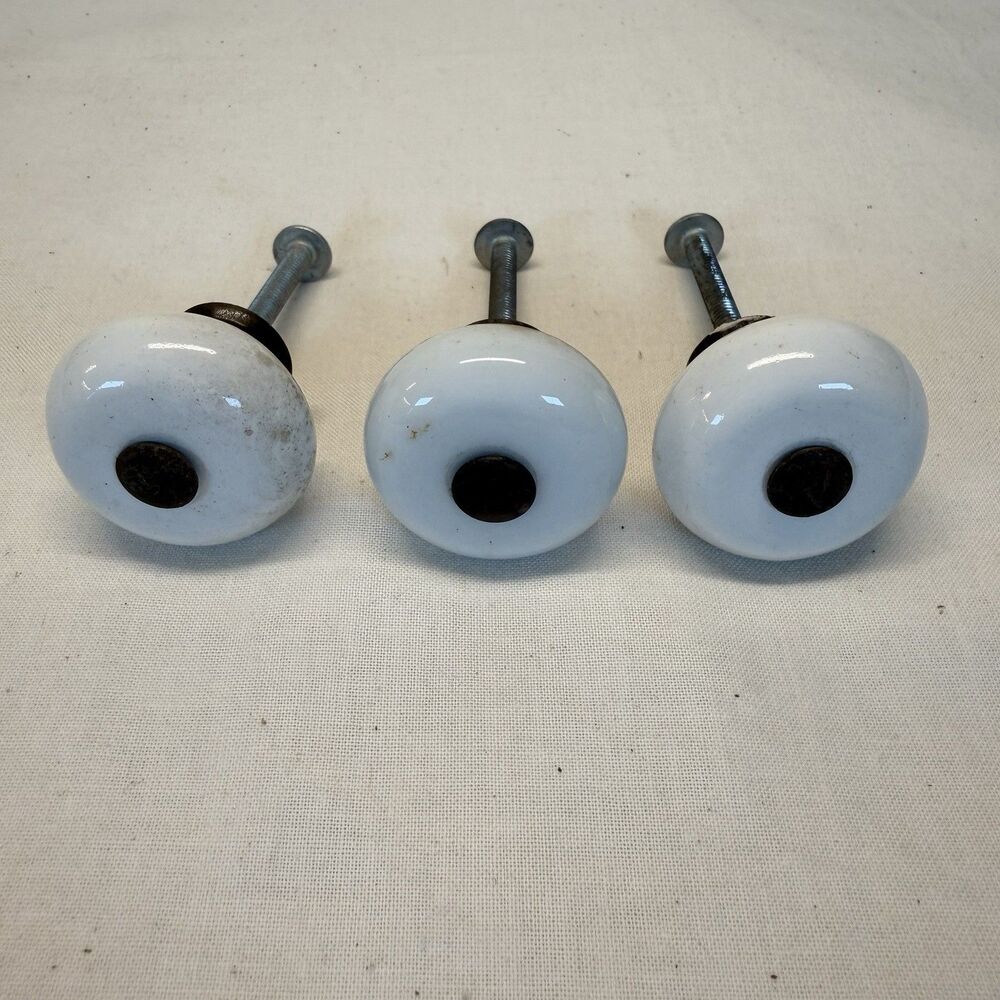 Vintage White Porcelain Cabinet Knobs Set of 3 Drawer Hardware Shabby Chic